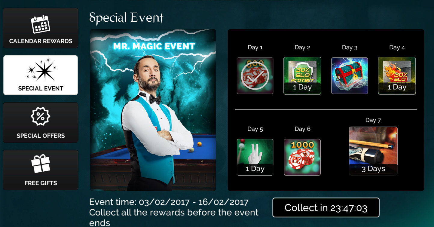pool elite gifts calendar rewards special event special offers free gifts poolelite 3d pool game